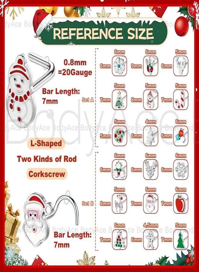 BodyAce 20G Christmas Nose Rings Nostril Studs, Stainless Steel Nose Stud l Shaped Nostril Ring, Corkscrew Nose Piercing Christmas Jewelry for Women Men [B:Screw] - Image 2
